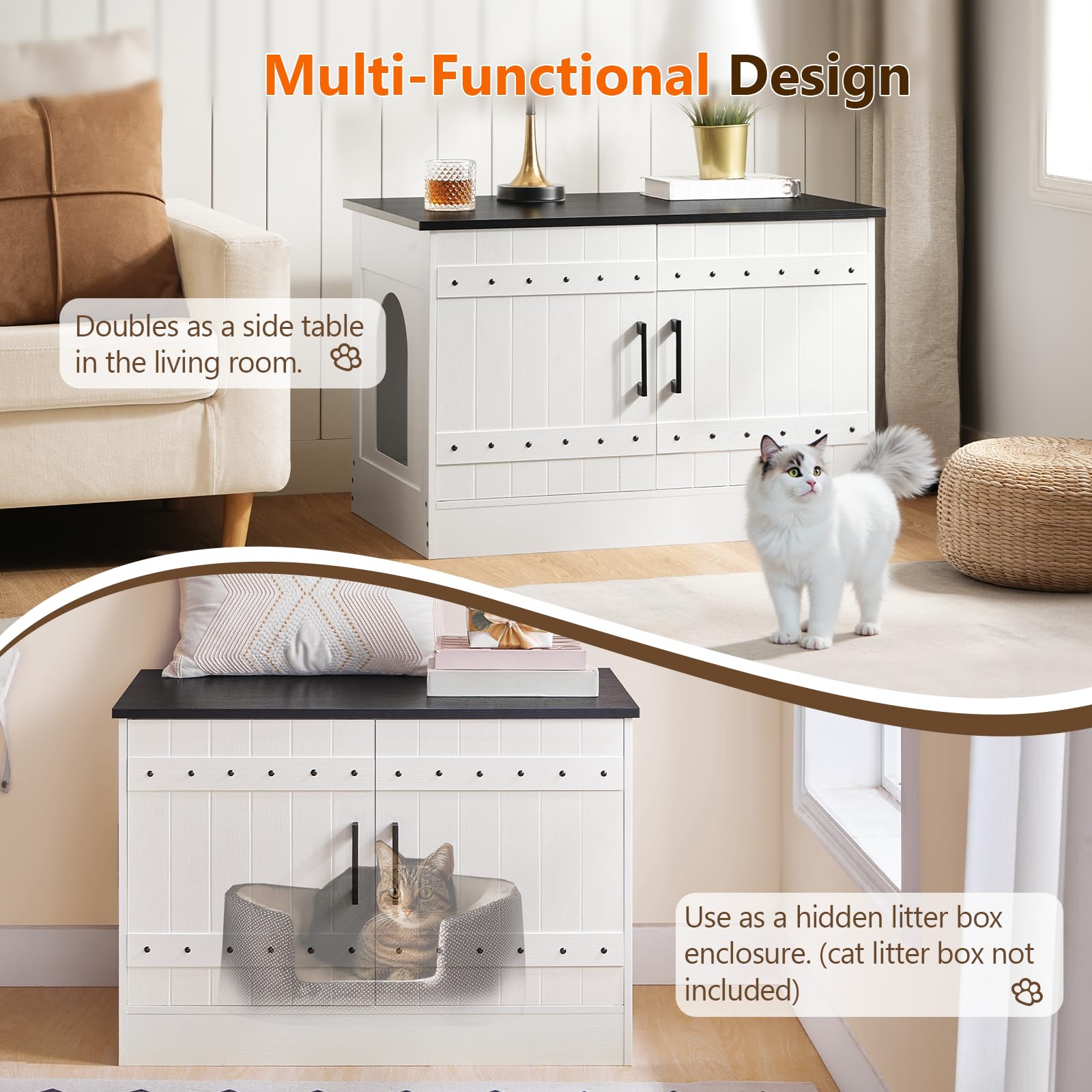 MAHANCRIS hidden cat washroom end table highlights dual-entry access for easy cleaning and cat comfort