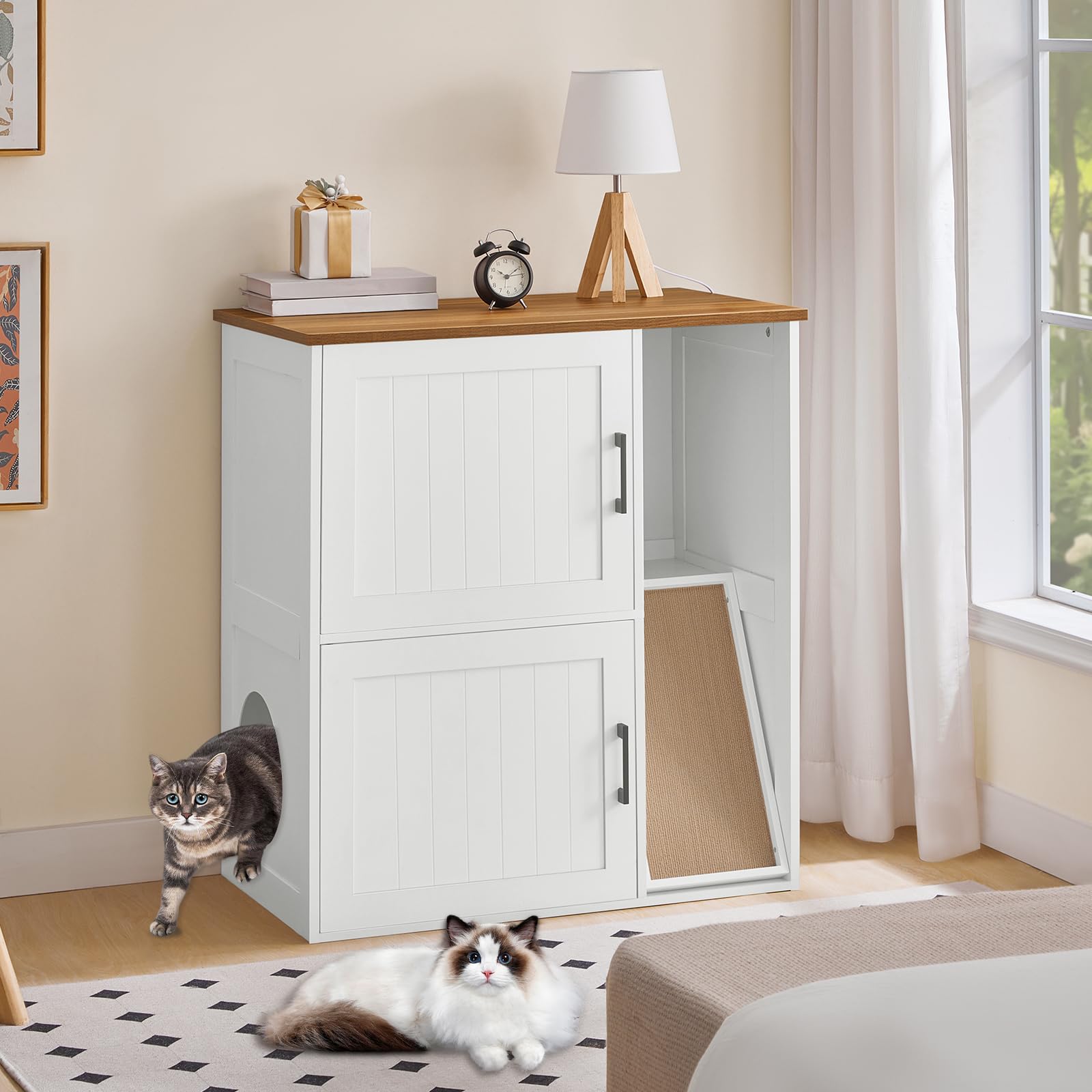MAHANCRIS Litter Box Enclosure farmhouse finish blends with decor and hides litter.