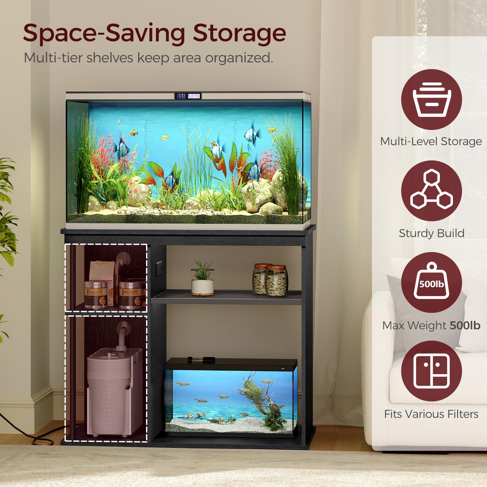 MAHANCRIS aquarium display on a modern stand in a living room