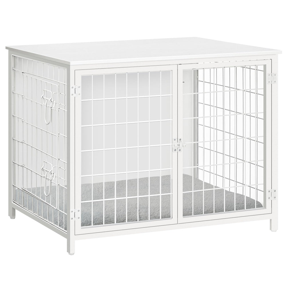 MAHANCRIS white indoor dog house doubles as stylish furniture and a secure enclosure.