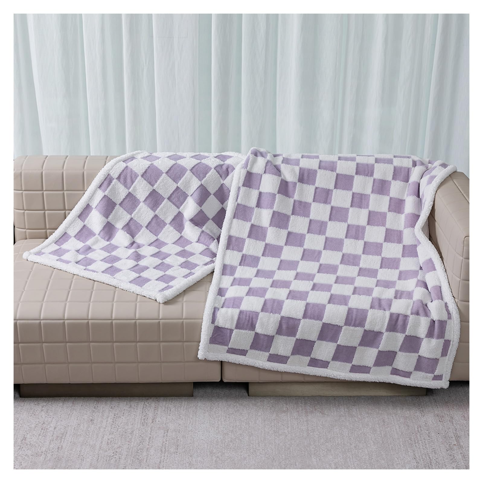 Maidewow waterproof pet blanket purple check closeup highlights cozy sherpa lining and stylish color accent.