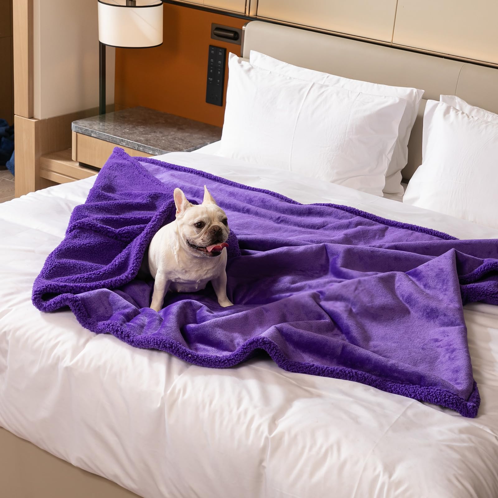 Maidewow waterproof purple dog blanket reversible Sherpa and flannel closeup highlights cozy warmth.