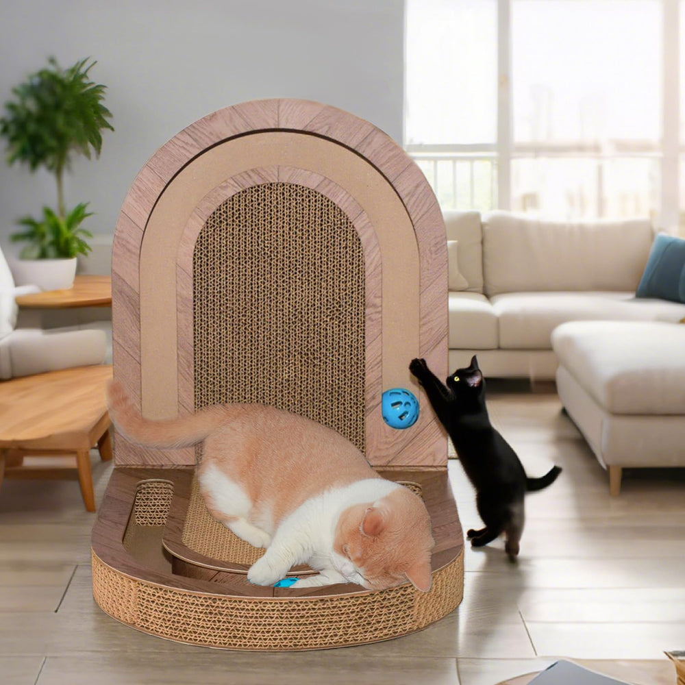 Maigandamai scratcher placed near furniture demonstrates practical protection and cat entertainment.