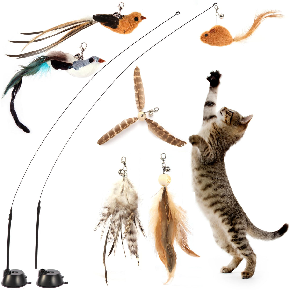 Maiguangta cat wand toy with suction cups for versatile play on glass, tile, or wood.