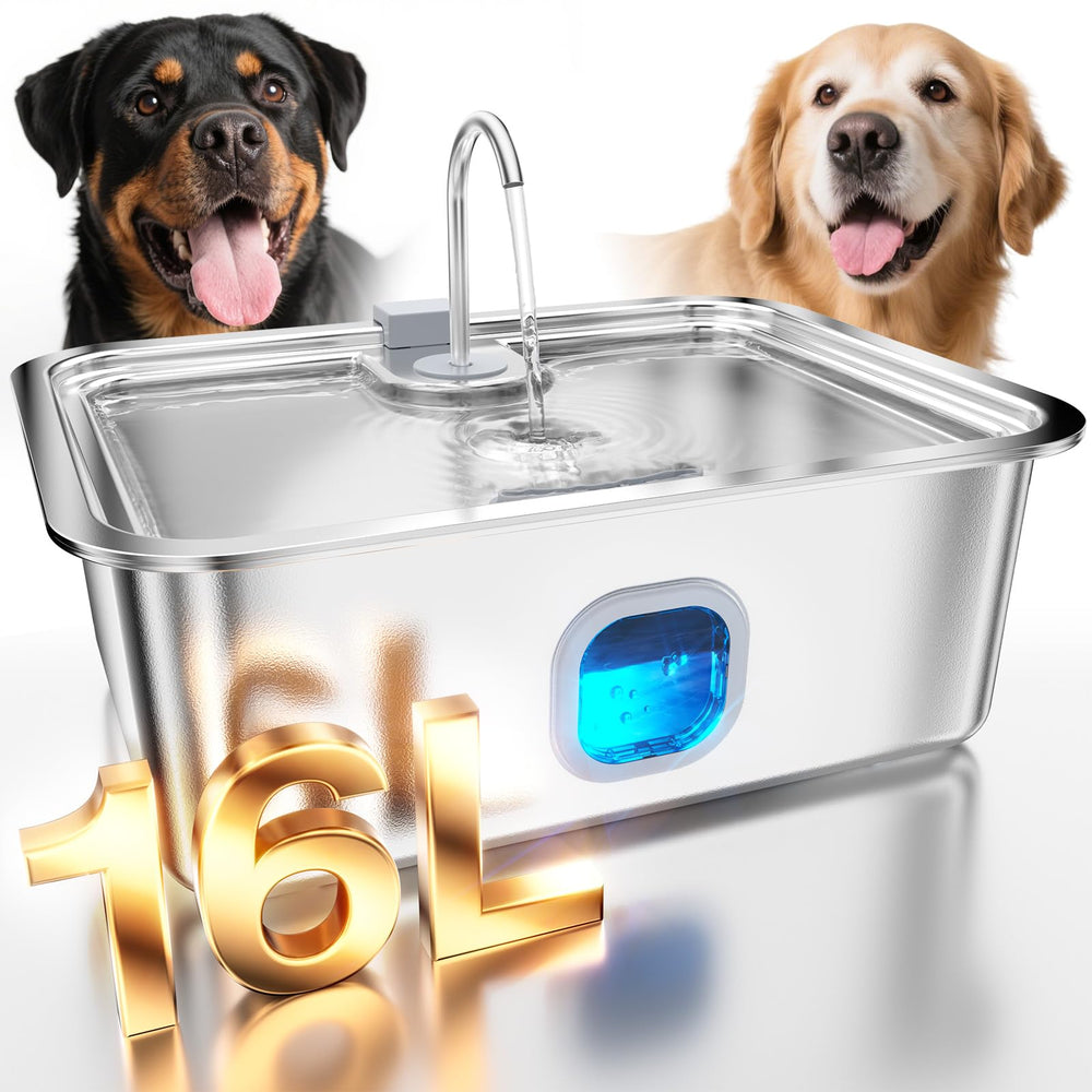 MAILOFY dog water fountain showing 16L tank for fewer refills