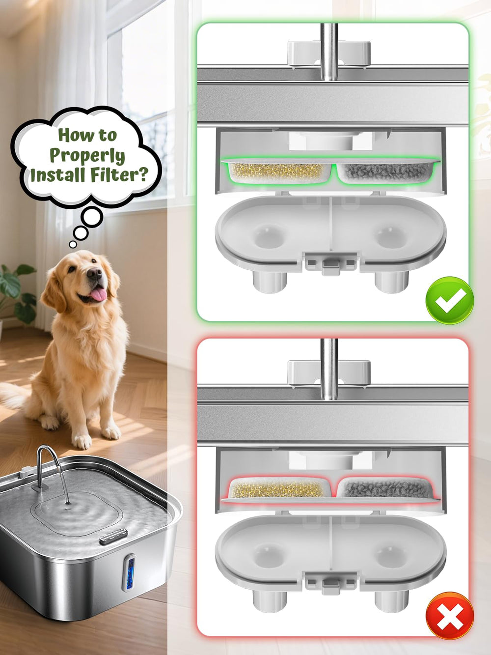 MAILOFY Large Dog Water Fountain filter system image shows four-layer filtration for clean water.