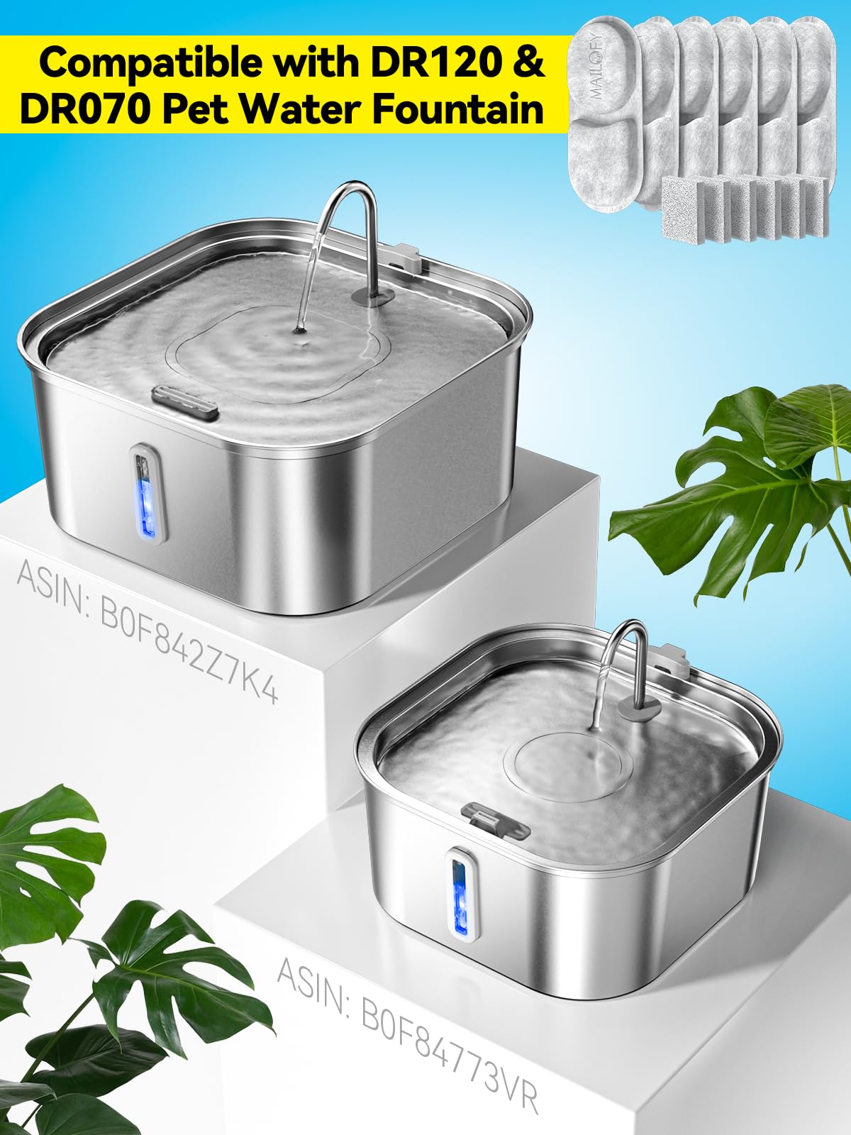 MAILOFY Large Dog Water Fountain side view emphasizes stainless steel durability and pet-friendly design.