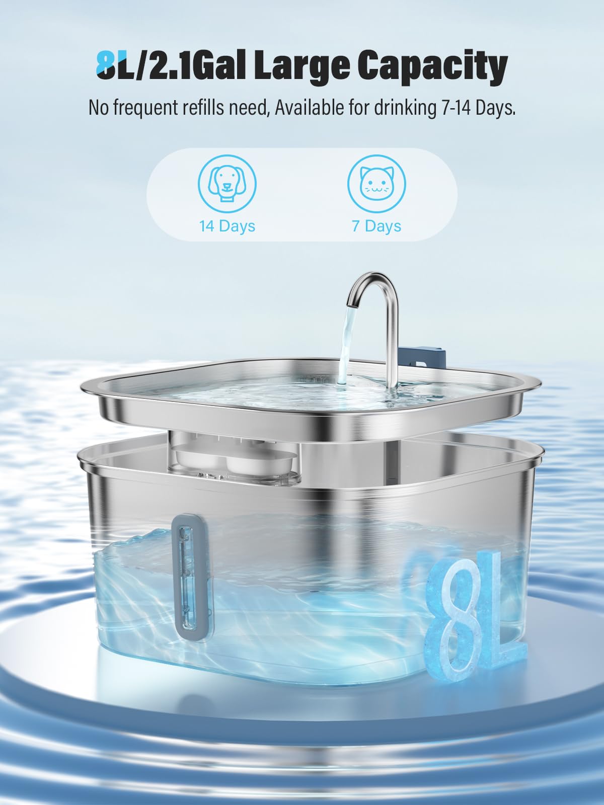 MAILOFY stainless steel fountain close-up shows rust-proof surface and durability.