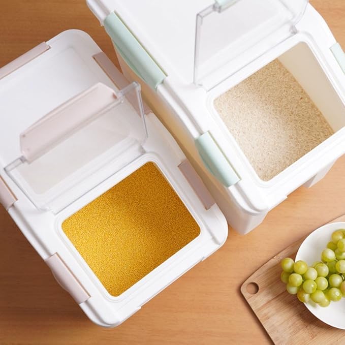 Mairuker measuring cup inside bin supports precise scooping for dry ingredients.