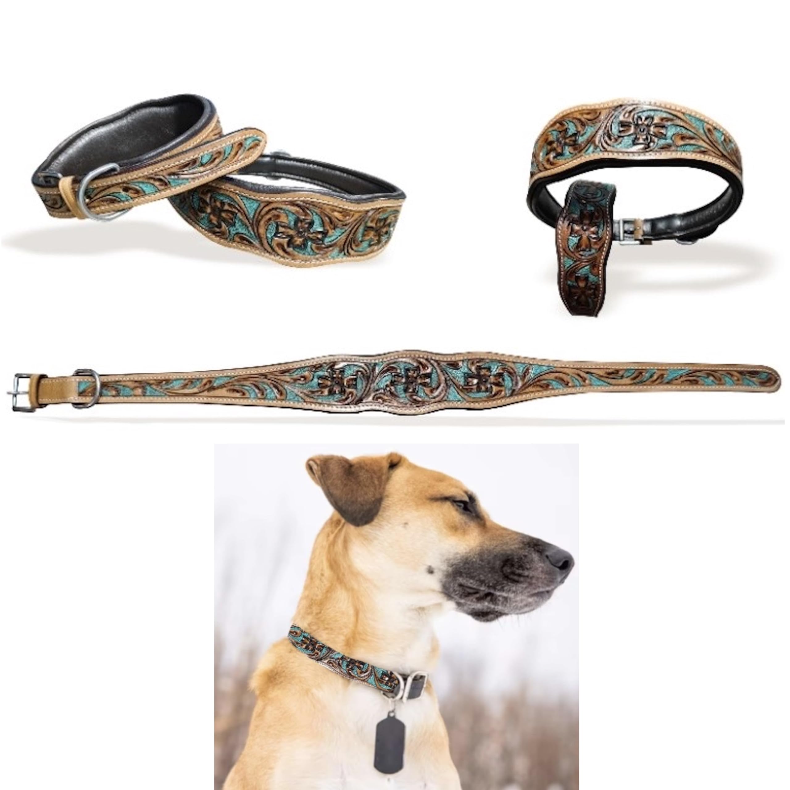 Majestic Ally hand-tooled collar close-up highlights craftsmanship for everyday adventures.