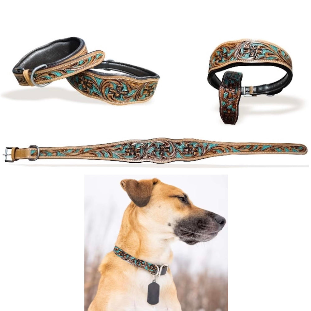Majestic Ally hand-tooled collar close-up highlights craftsmanship for everyday adventures.