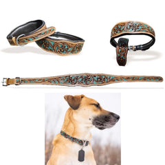 Majestic Ally hand-tooled collar close-up highlights craftsmanship for everyday adventures.