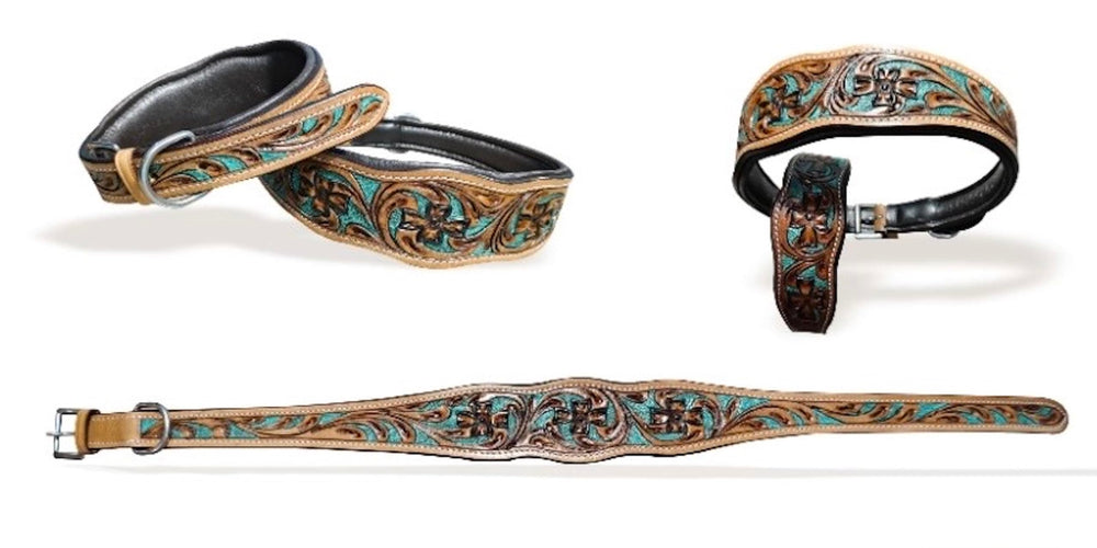 Majestic Ally turquoise colorway collar shown with multiple color options for pets.