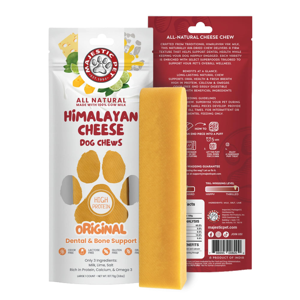 Majestic Pet Himalayan Chews: empaque visible, opción duradera para perros grandes.