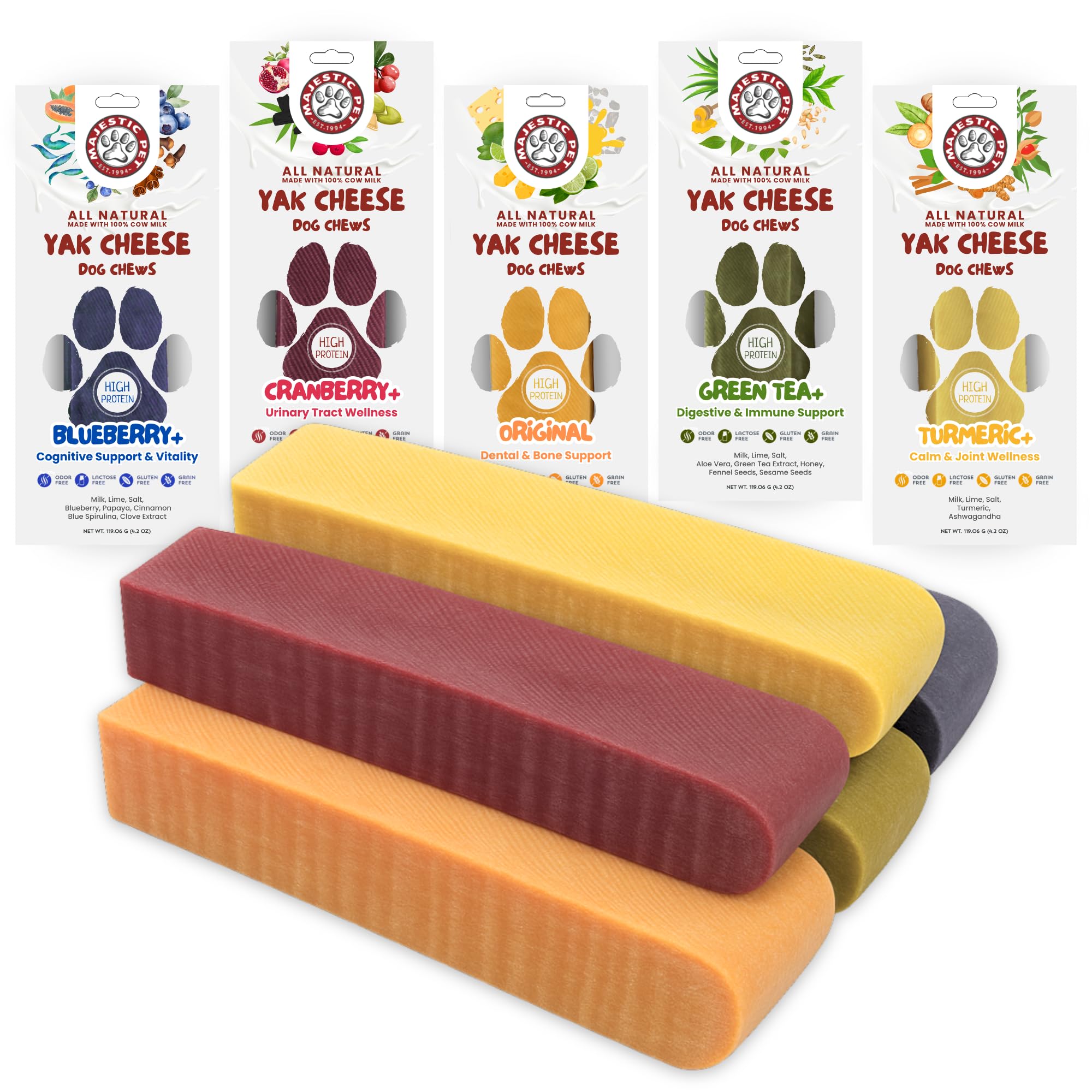 Majestic Pet Himalayan Chews packaging showcases natural ingredients and breed suitability.