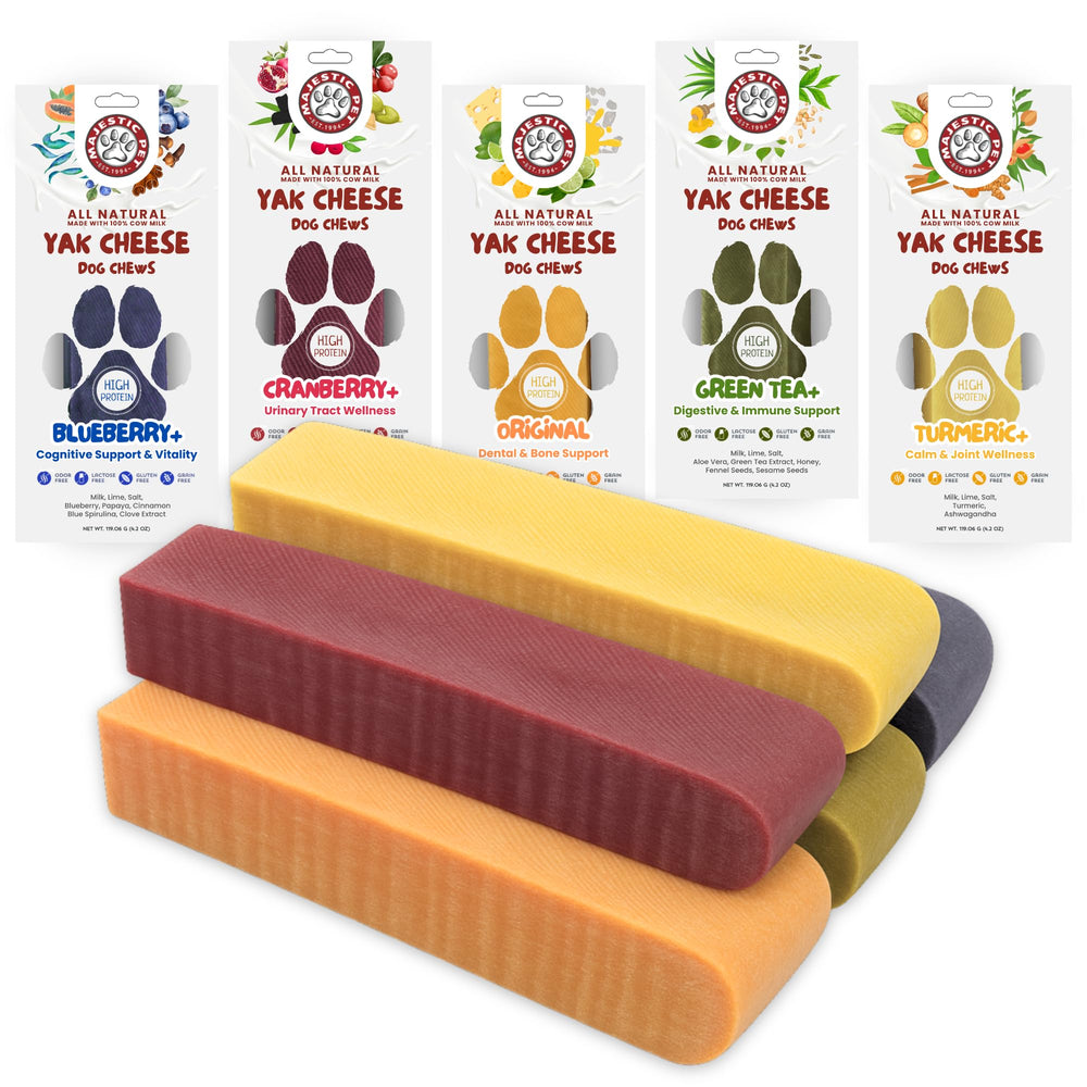 Majestic Pet Himalayan Chews packaging showcases natural ingredients and breed suitability.