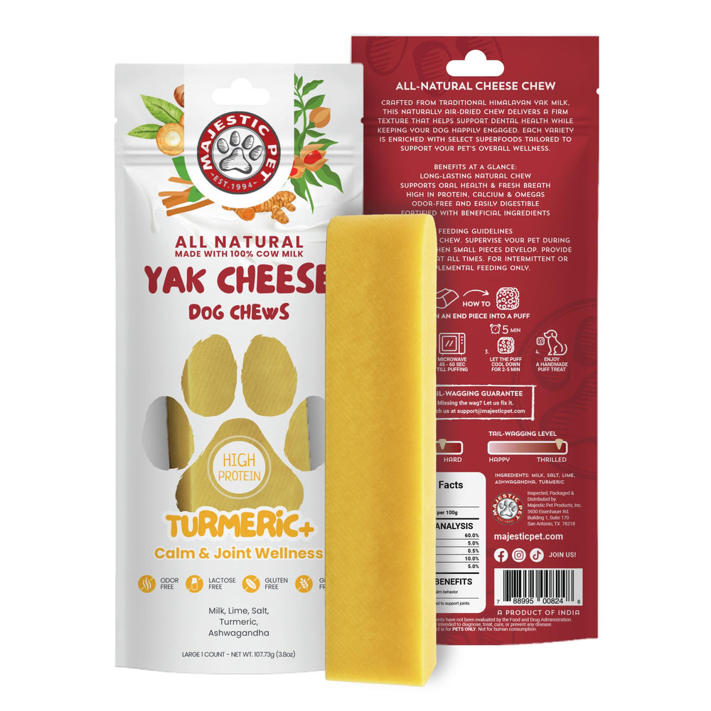 Majestic Pet Himalayan chews packaging highlights durable, protein-rich dog treats