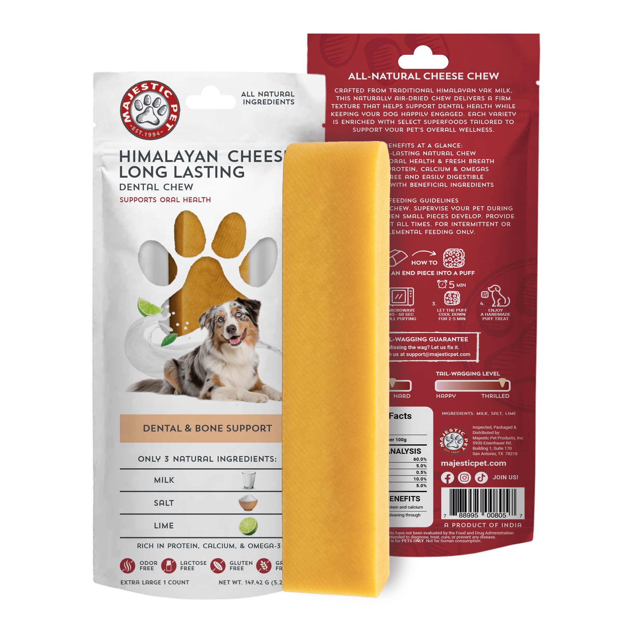 Majestic Pet Himalayan yak cheese dog chew long-lasting texture ideal for teething and adults.