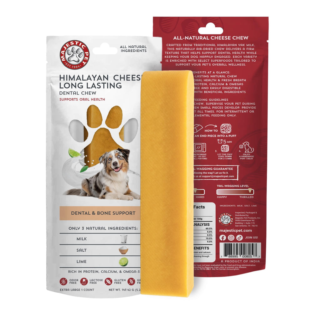 Majestic Pet Himalayan yak cheese dog chew long-lasting texture ideal for teething and adults.