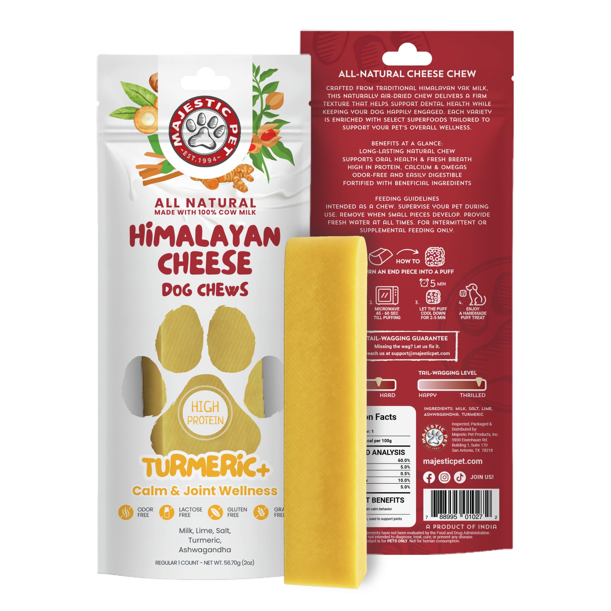Majestic Pet Queso Yak, empaque visible, snack natural para perros