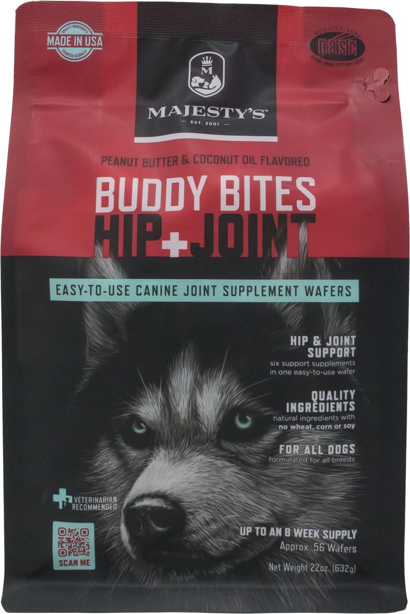 Majesty's Buddy Bites bottle pour for a tasty daily supplement for dogs