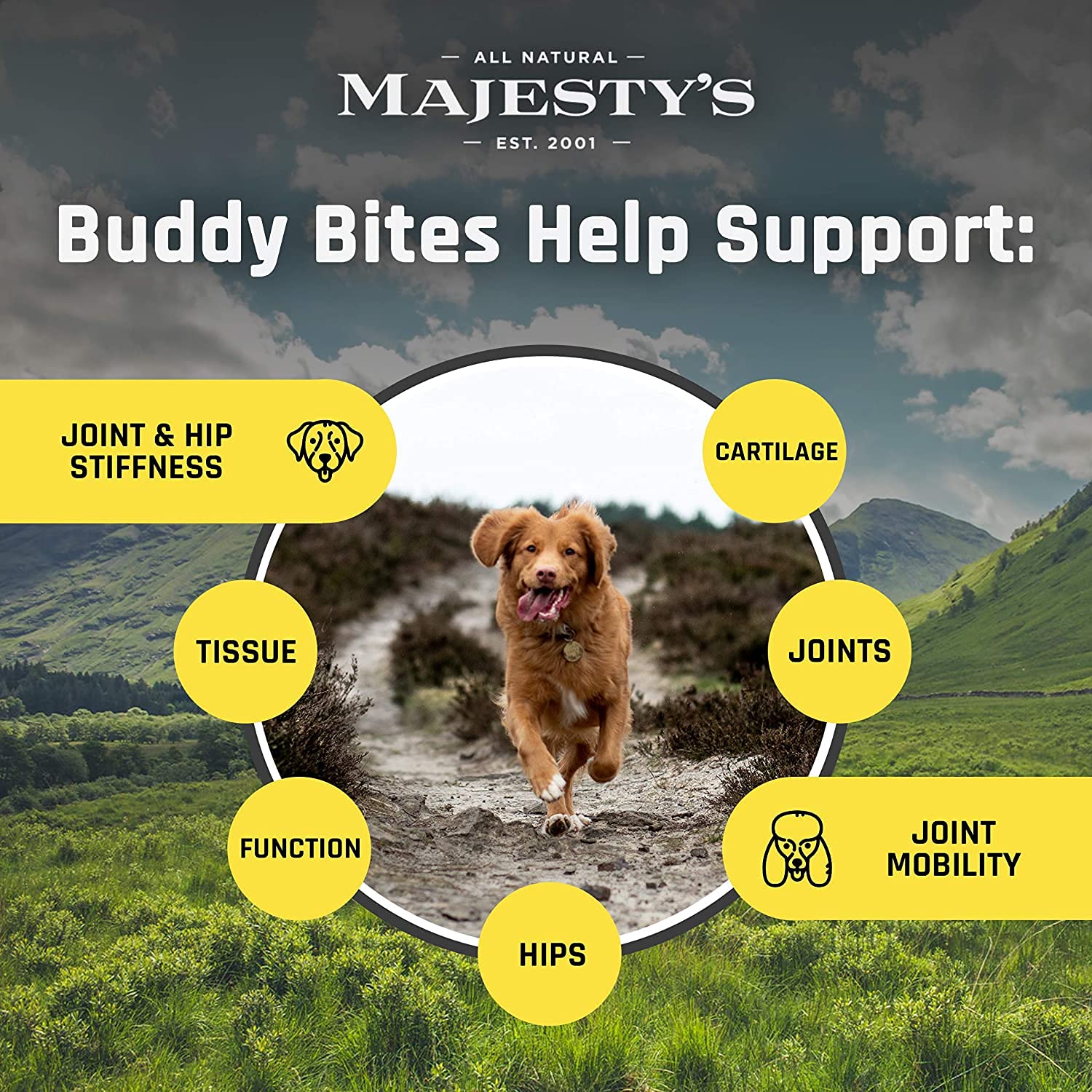 Majesty's Buddy Bites ingredient list highlights glucosamine and chondroitin for joint nourishment