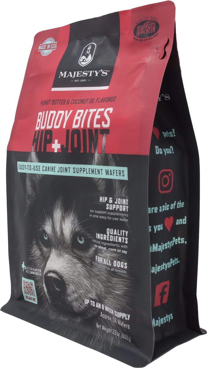 Majesty's Buddy Bites jar on shelf displaying convenient eight-week routine