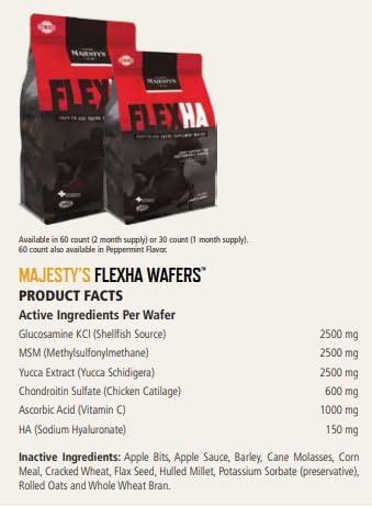 Majesty's Flex HA Wafers ingredient label emphasizes HA, vitamin C, and glucosamine.