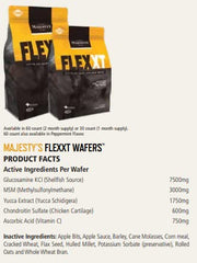 Majesty's Flex XT Wafers ingredients reveal a five-supplement formula for joint comfort.