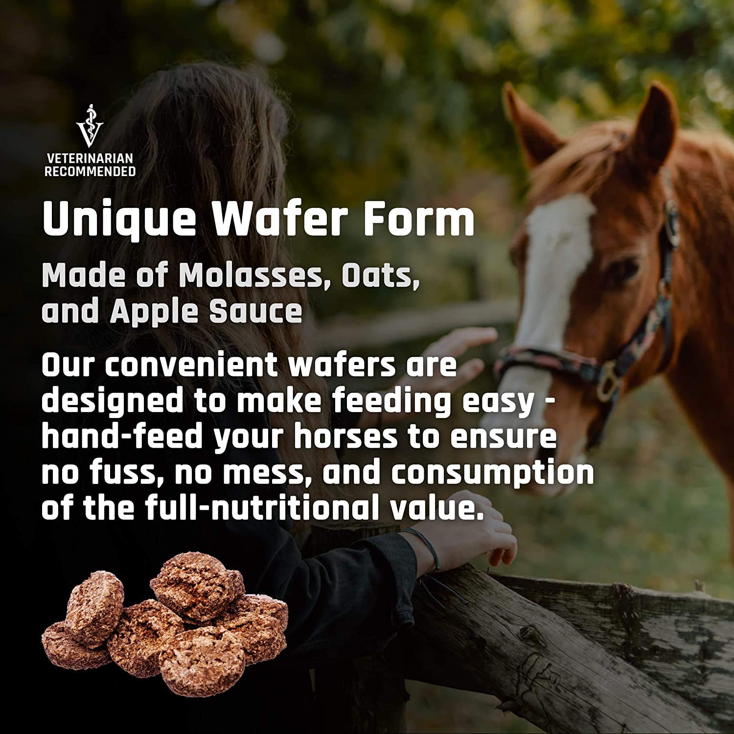 Horse being offered Majesty's Omega Wafers directly, illustrating no-waste delivery