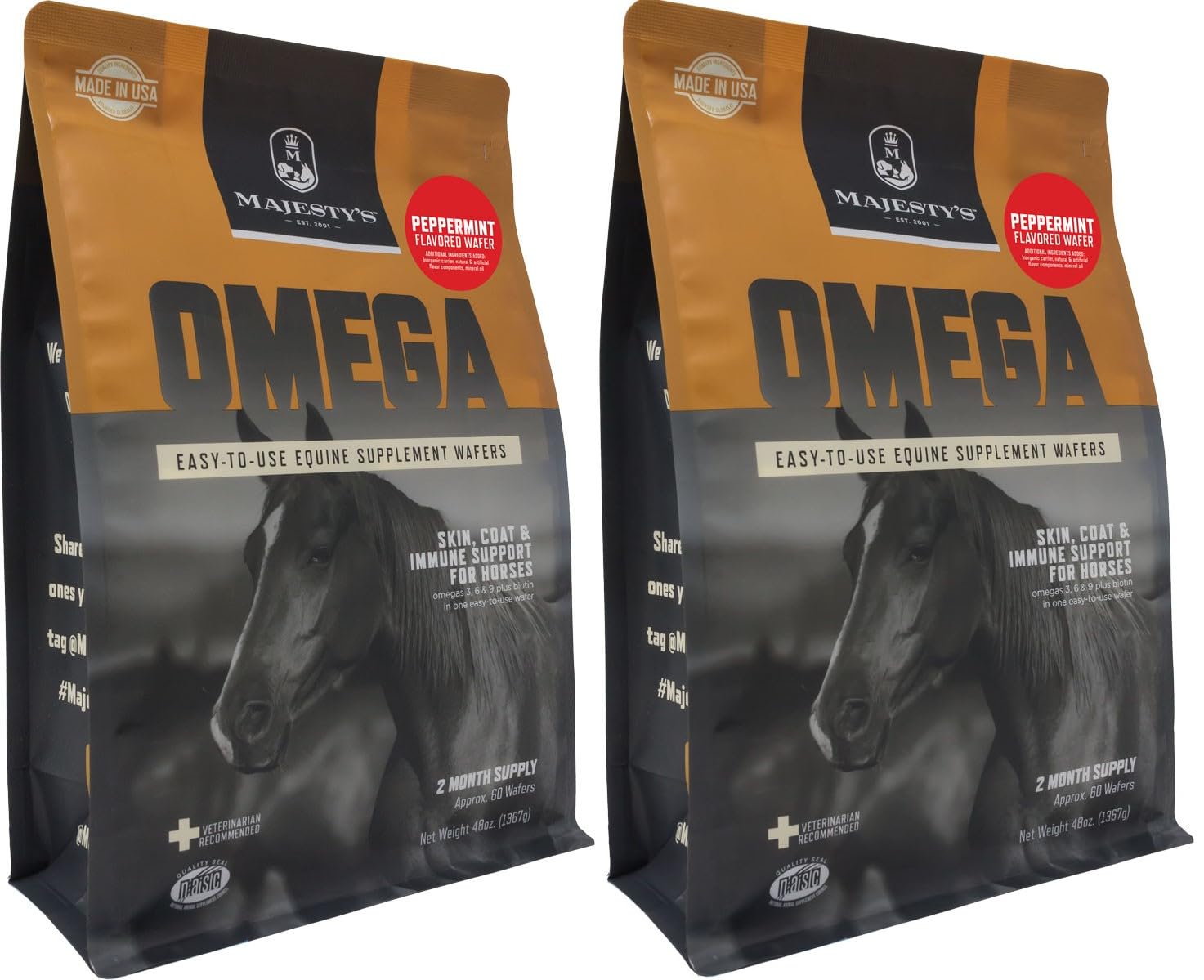 Majesty's Omega Wafers packaging bag showing a two-month supply for easy feeding