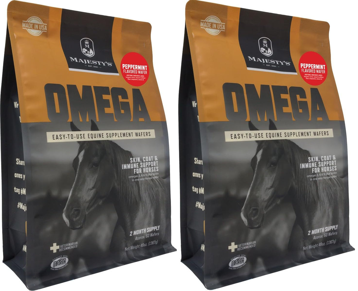 Majesty's Omega Wafers packaging bag showing a two-month supply for easy feeding