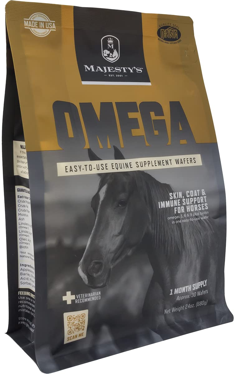Majesty's Omega Wafers packaging shows a 30-count bag for convenient monthly supplementation.