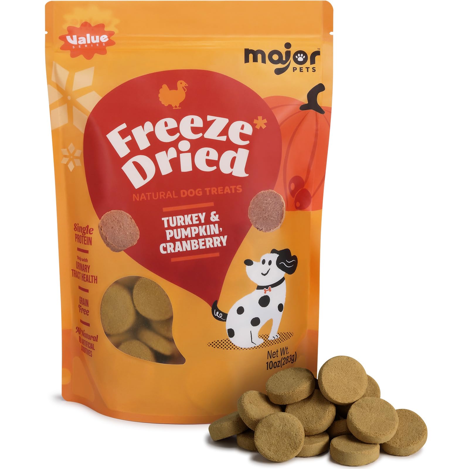 Major Pets freeze-dried turkey pumpkin cranberry treats pack highlights premium turkey-based rewards for daily training.