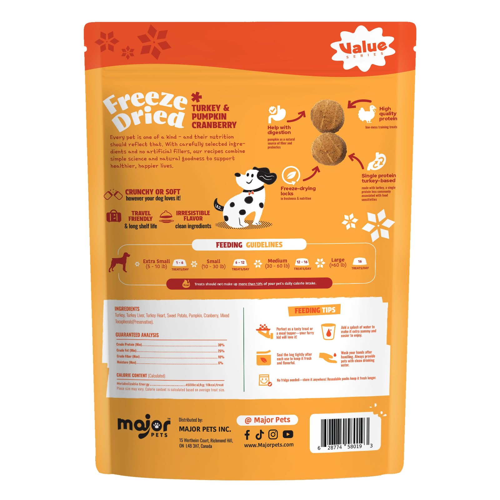 Major Pets freeze-dried turkey treats closeup shows crunchy texture and high-protein benefits for active dogs.