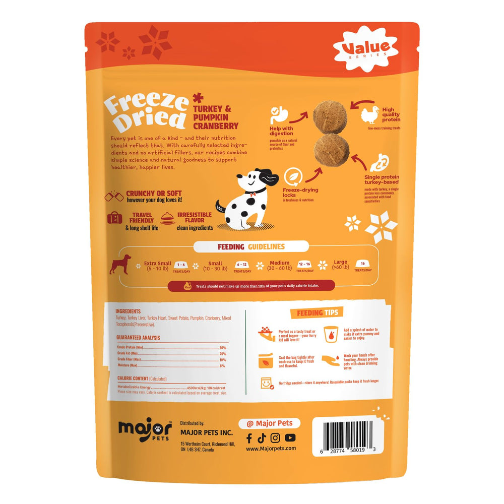 Major Pets freeze-dried turkey treats closeup shows crunchy texture and high-protein benefits for active dogs.
