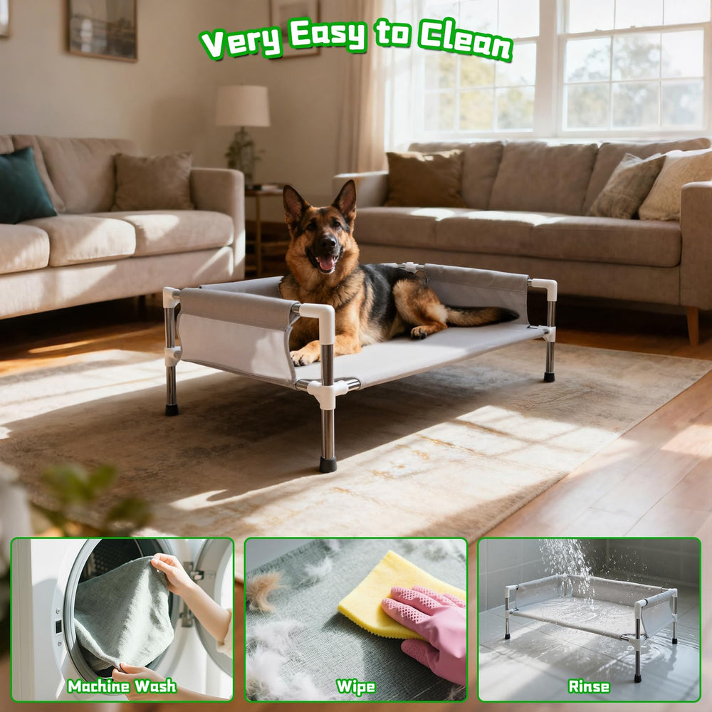 Makerfire Elevated Dog Bed close-up fabric highlights durable polyester-cotton blend.