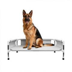Makerfire Elevated Dog Bed front view shows sturdy frame and cozy enclosure for restful naps.