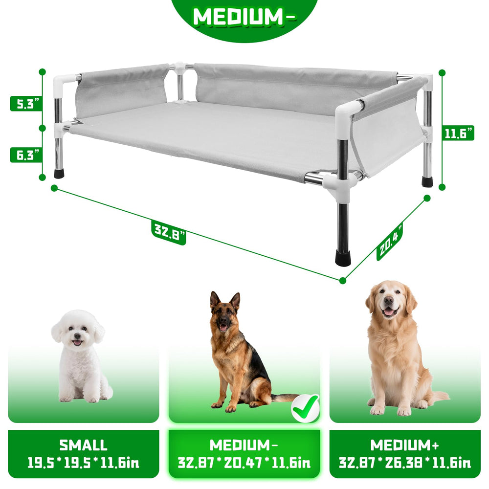 Makerfire Elevated Dog Bed outdoor use emphasizes rust-resistant frame for porch or poolside.