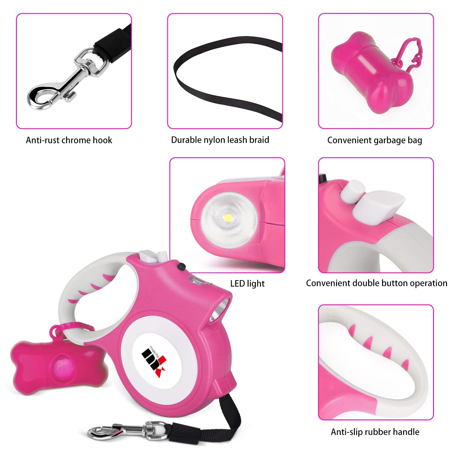Makife ergonomic handle in pink for comfortable gripping during long walks.