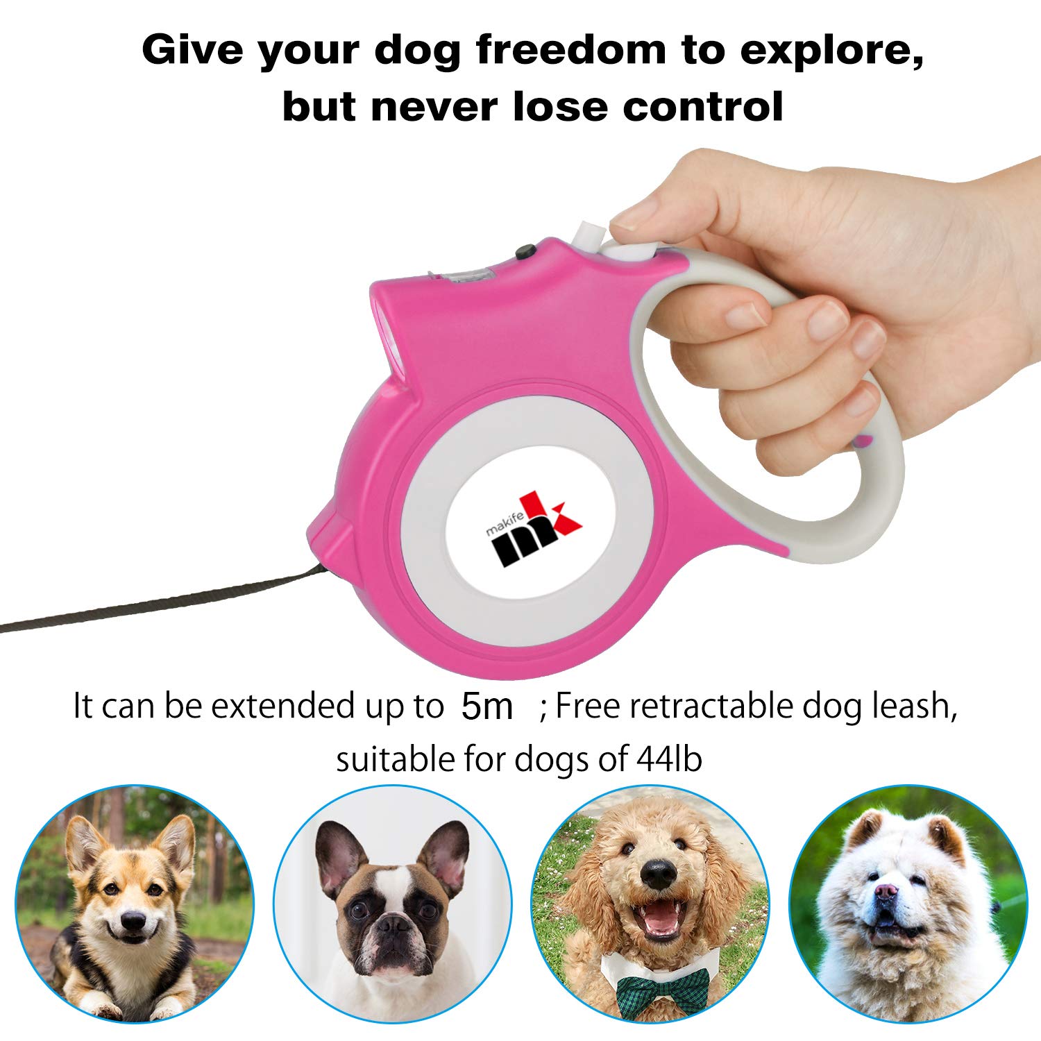 Makife extendable dog lead reaches 5m for flexible outdoor exploration.