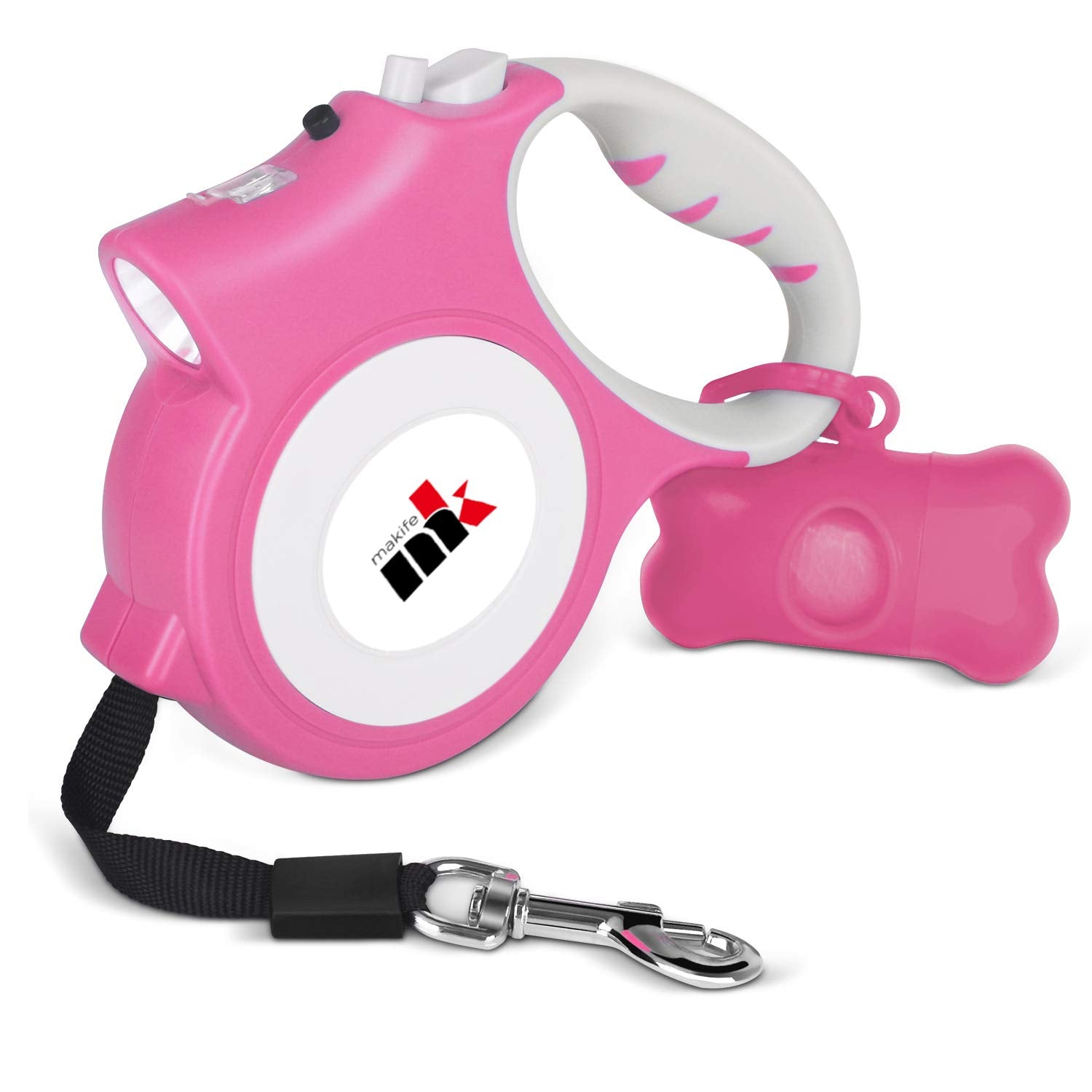 Makife retractable leash with LED light in pink for safer evening walks.