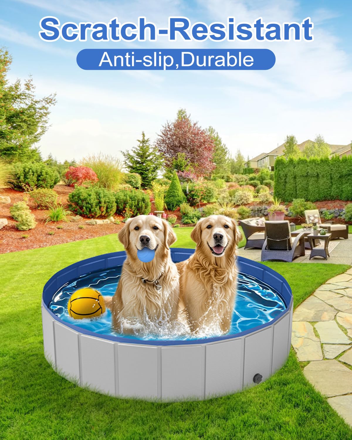 Makigahara dog pool bath-time setup shows quick, tool-free assembly for convenient baths.