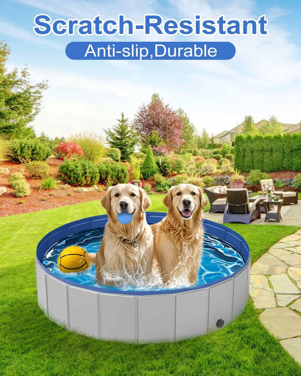 Makigahara dog pool bath-time setup shows quick, tool-free assembly for convenient baths.