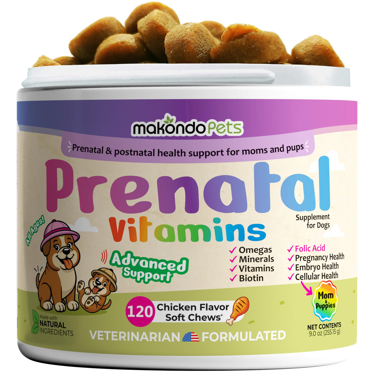 Makondo Pets dog prenatal soft chews bottle close-up for prenatal support and palatability