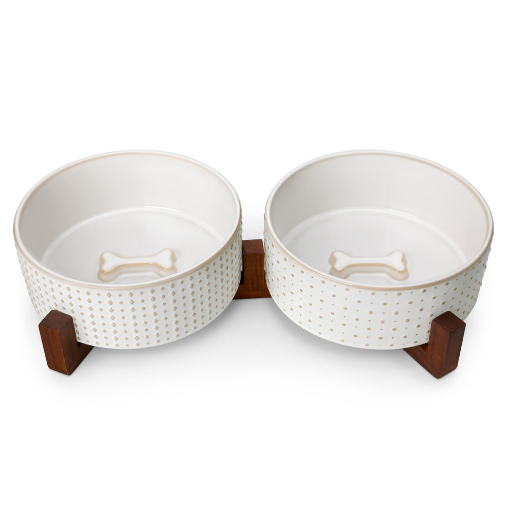 MALACASA dog bowl set with walnut wood stand elevates feeding height for comfort