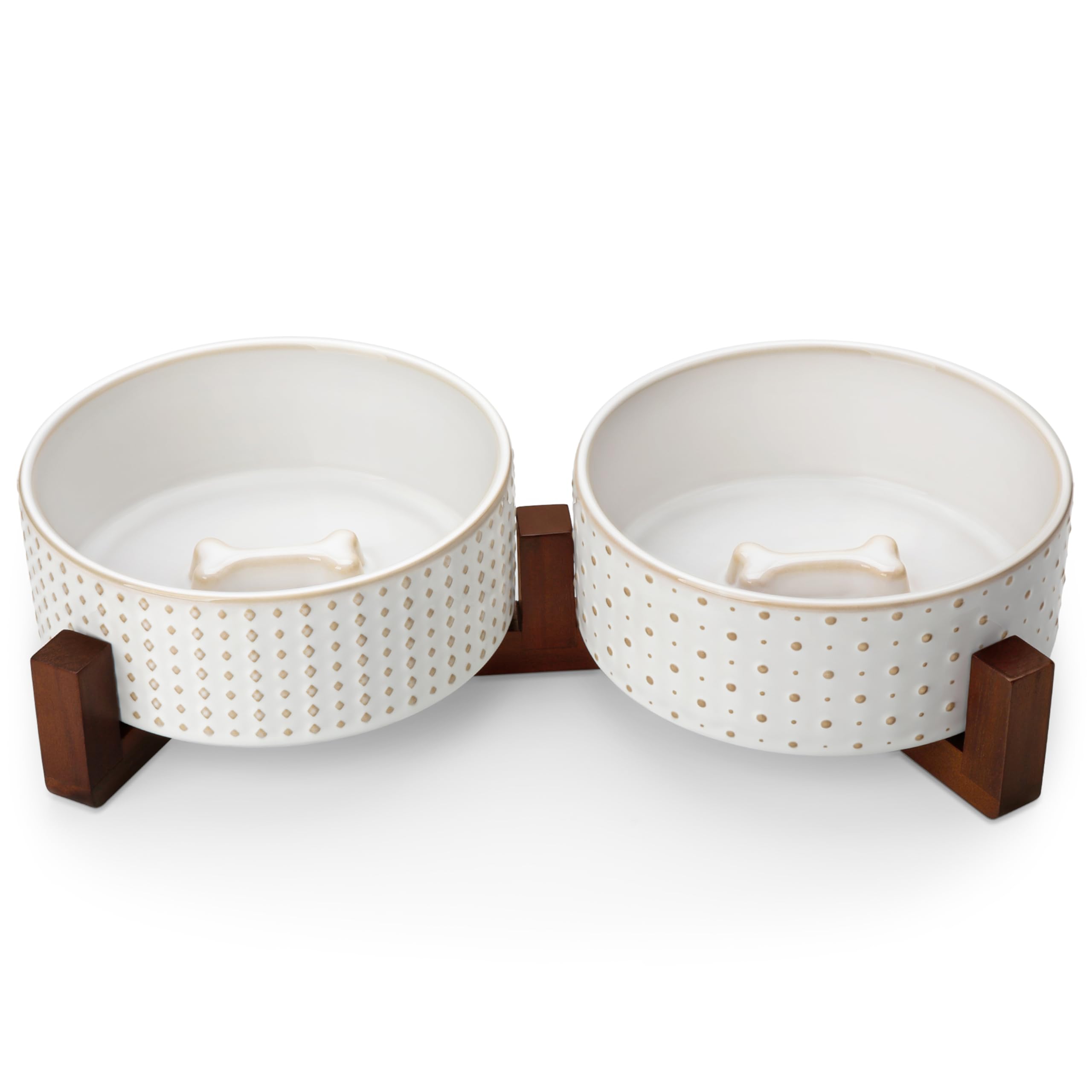 MALACASA dog bowl set with wood stand and rhombic polka pattern for elevated dining