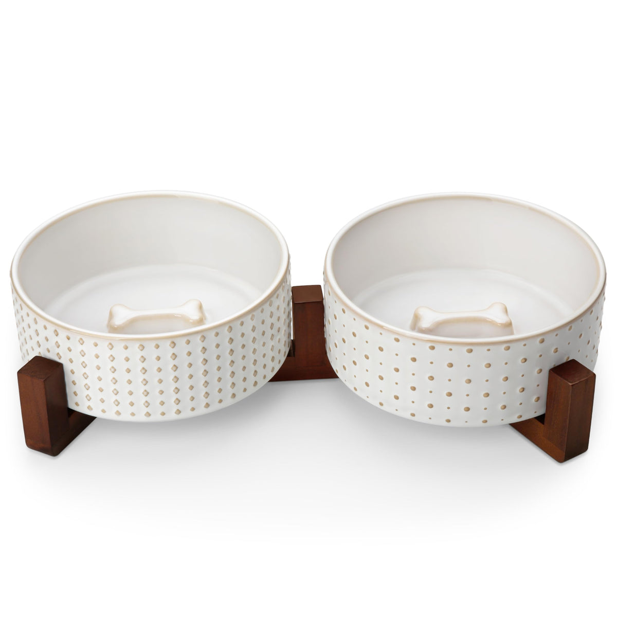 MALACASA dog bowl set with wood stand and rhombic polka pattern for elevated dining