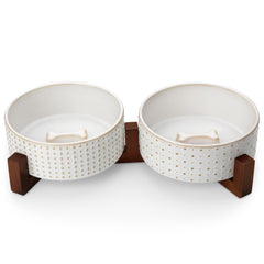 MALACASA dog bowl set with wood stand and rhombic polka pattern for elevated dining