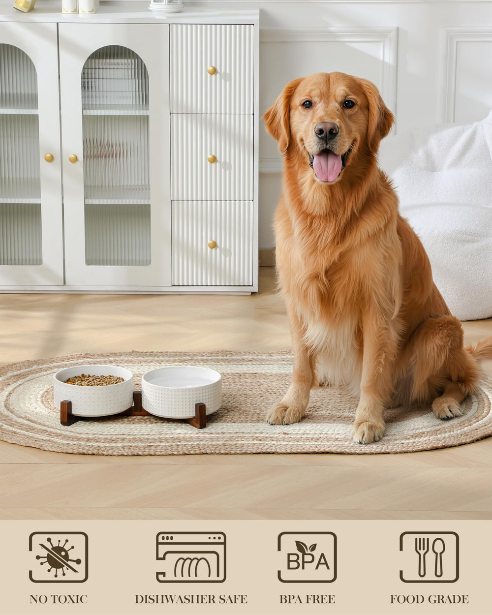 MALACASA walnut stand provides stable elevated dining for pets